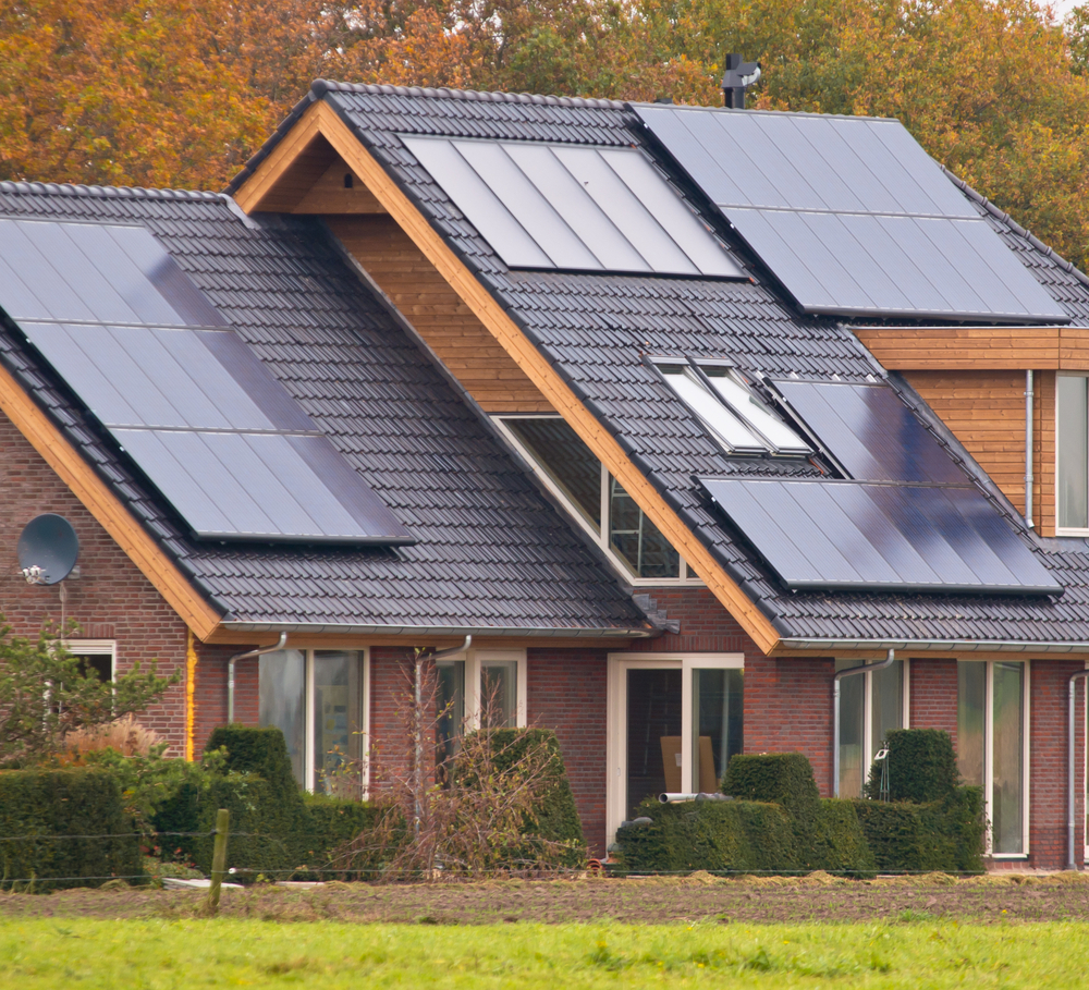 Modern brick house with a black-tiled roof covered in multiple solar panels, large windows and a small garden in front.